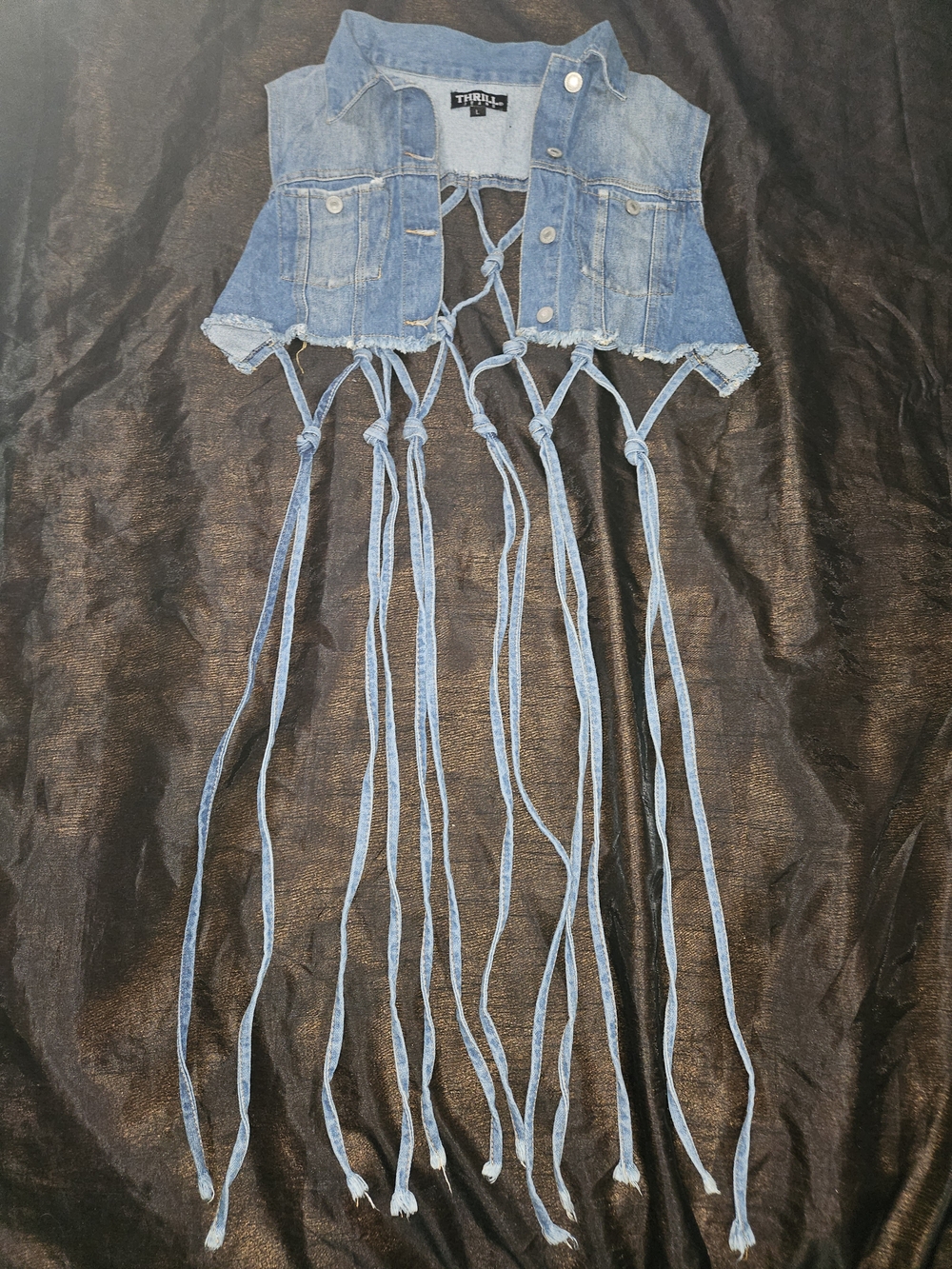 THRILL Denim Fringe Crop Vest - Light Blue
